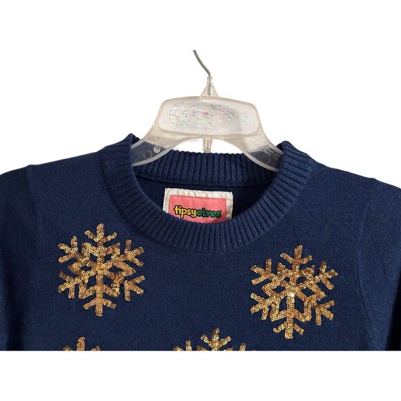 Tipsy Elves Blue Mini Sweater Dress With Gold Sequin Snowflakes Size XS NWT - Picture 16 of 16